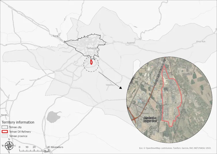 Vivir con riesgo industrial: cómo los complejos petroquímicos dan forma a la vida urbana 1 Mapa que muestra la ubicación de una refinería de petróleo en Teherán