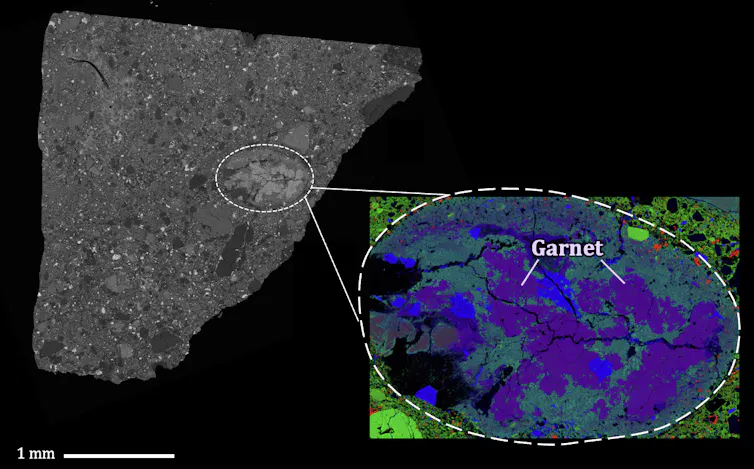 Descubrimos un nuevo tipo de roca que contiene granate dentro de un fragmento de meteorito marciano 2 Diagrama que muestra un fragmento de meteorito gris y una imagen en color de su contenido generada por computadora.