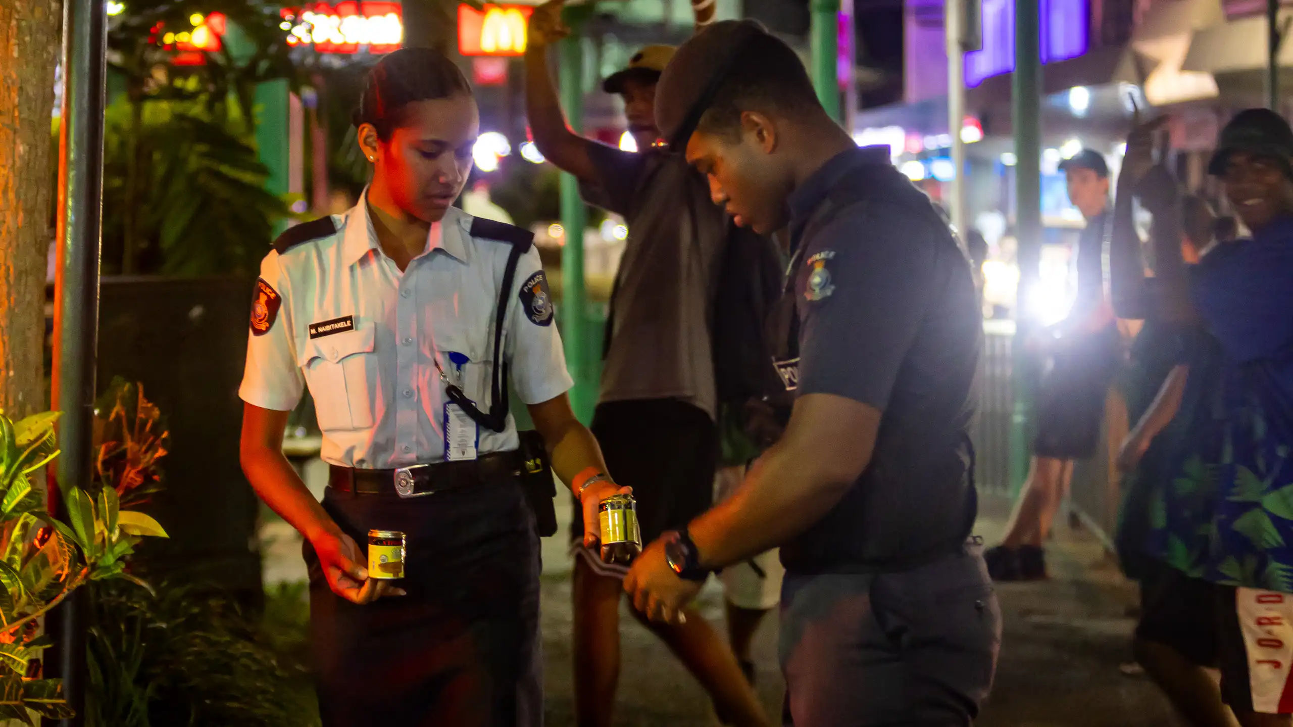 Police patrolling the streets of Suva, Fiji, as part of joint operations between police and the army as authorities target illicit drug networks.