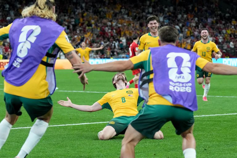 Connor Metcalfe celebrates after scoring for the Socceroos against Turkey.