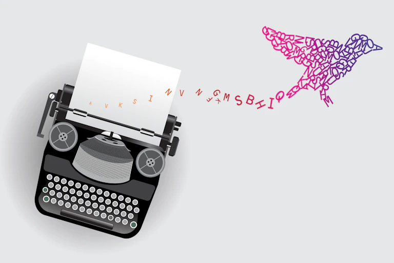 A colorful bird composed of blue, pink and purple letters flies near a typewriter that has a blank page on it in a graphic image.