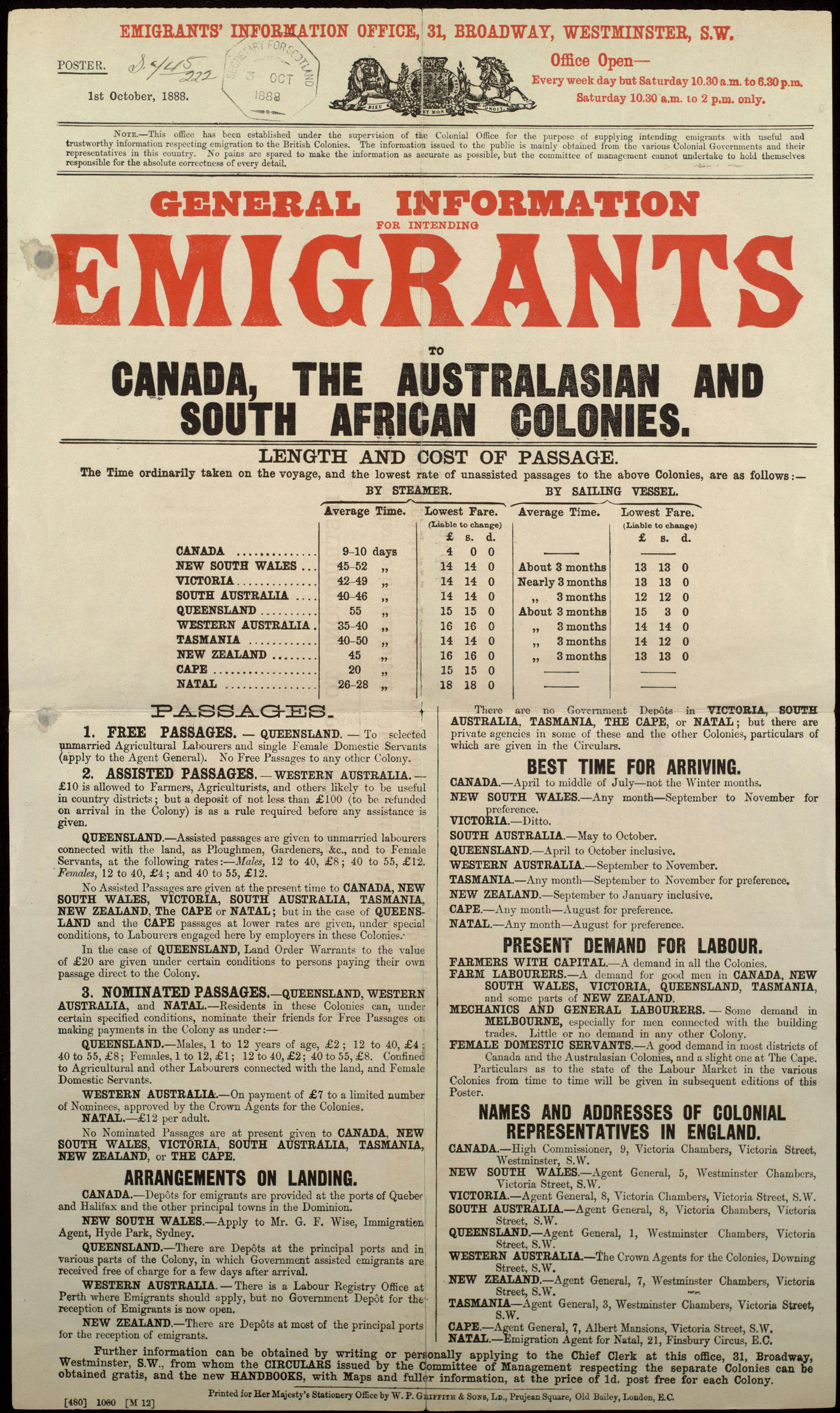 An old newspaper pamphlet headlined General Information Emigrants Canada, the Australasian and South African Colonies