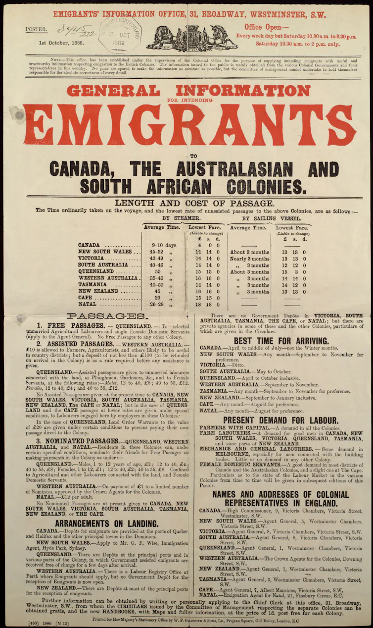 An old newspaper pamphlet headlined General Information Emigrants Canada, the Australasian and South African Colonies