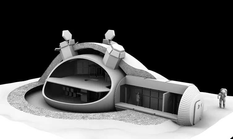 A cross section of small building with a long corridor leading to a two-level room.