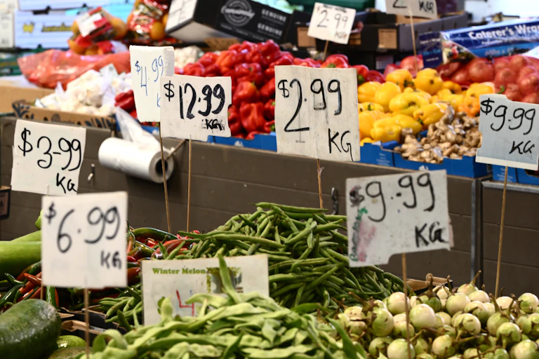 Prices of fresh produce for sale at Queen Victoria Market in Melbourne
