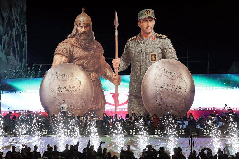 A public event in Tehran depicting ancient Persian warriors alongside modern Iranian forces.