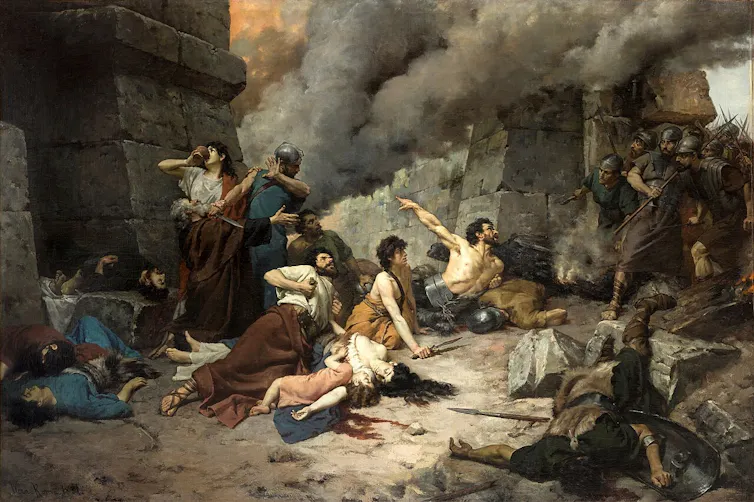 La obra representa el momento en que los últimos defensores de la ciudad hispana de Numancia se dieron muerte a sí mismos a fin de impedir que fueran capturados vivos por los romanos, que en esta obra aparecen entrando en la ciudad mientras los numantinos