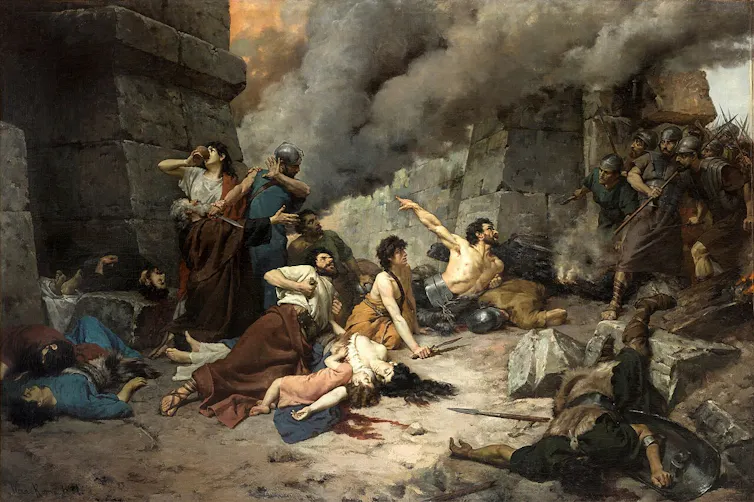 La obra representa el momento en que los últimos defensores de la ciudad hispana de Numancia se dieron muerte a sí mismos a fin de impedir que fueran capturados vivos por los romanos, que en esta obra aparecen entrando en la ciudad mientras los numantinos