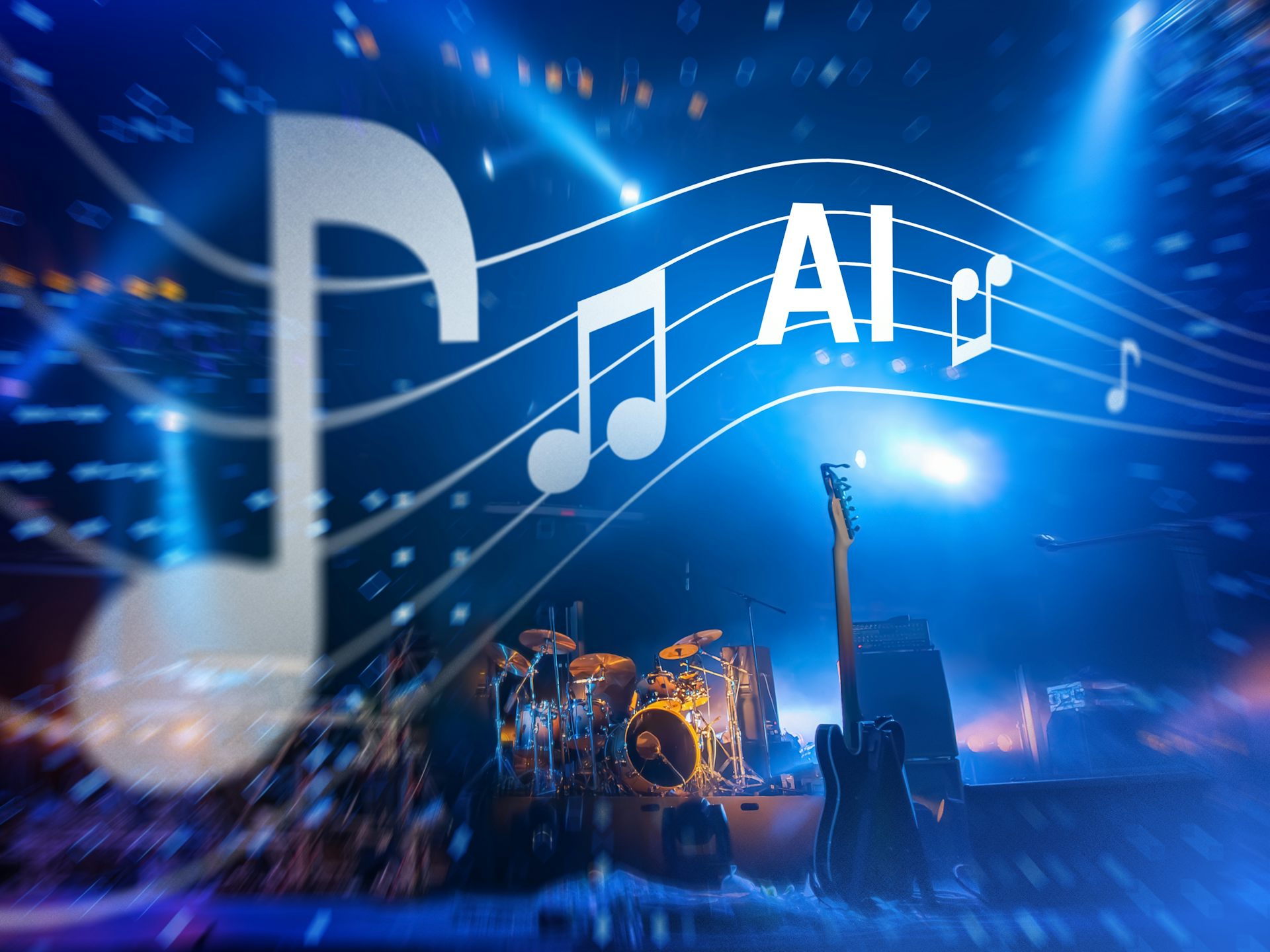 Concert stage with instruments and digital musical notes labelled AI, symbolising artificial intelligence in music creation.