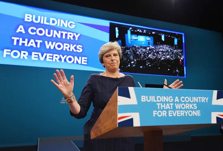 former uk prime minister theresa may addressing the conservative party conference in 2017