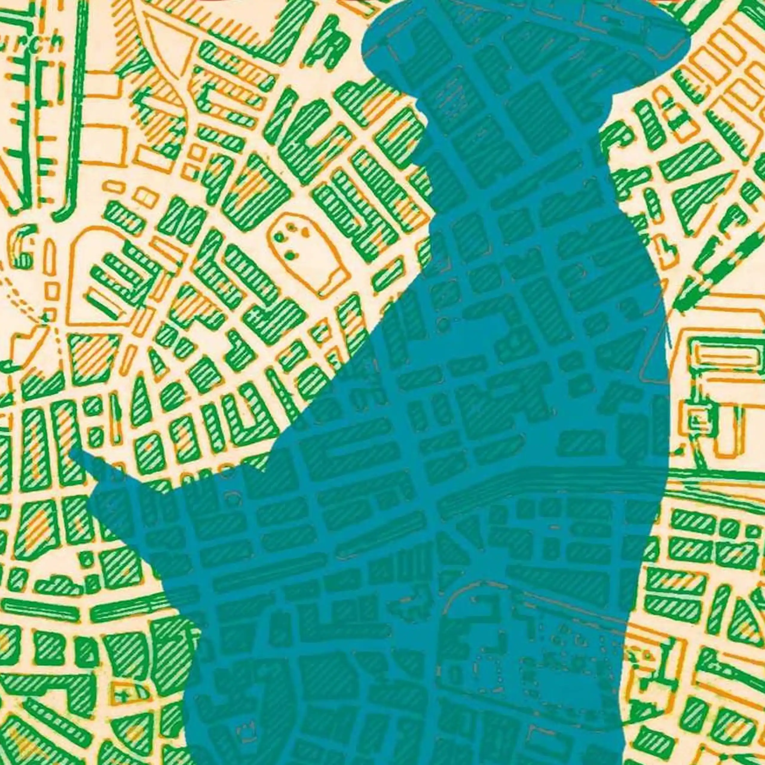 An illustration of a city map with two men in silhouette, in blue and green.