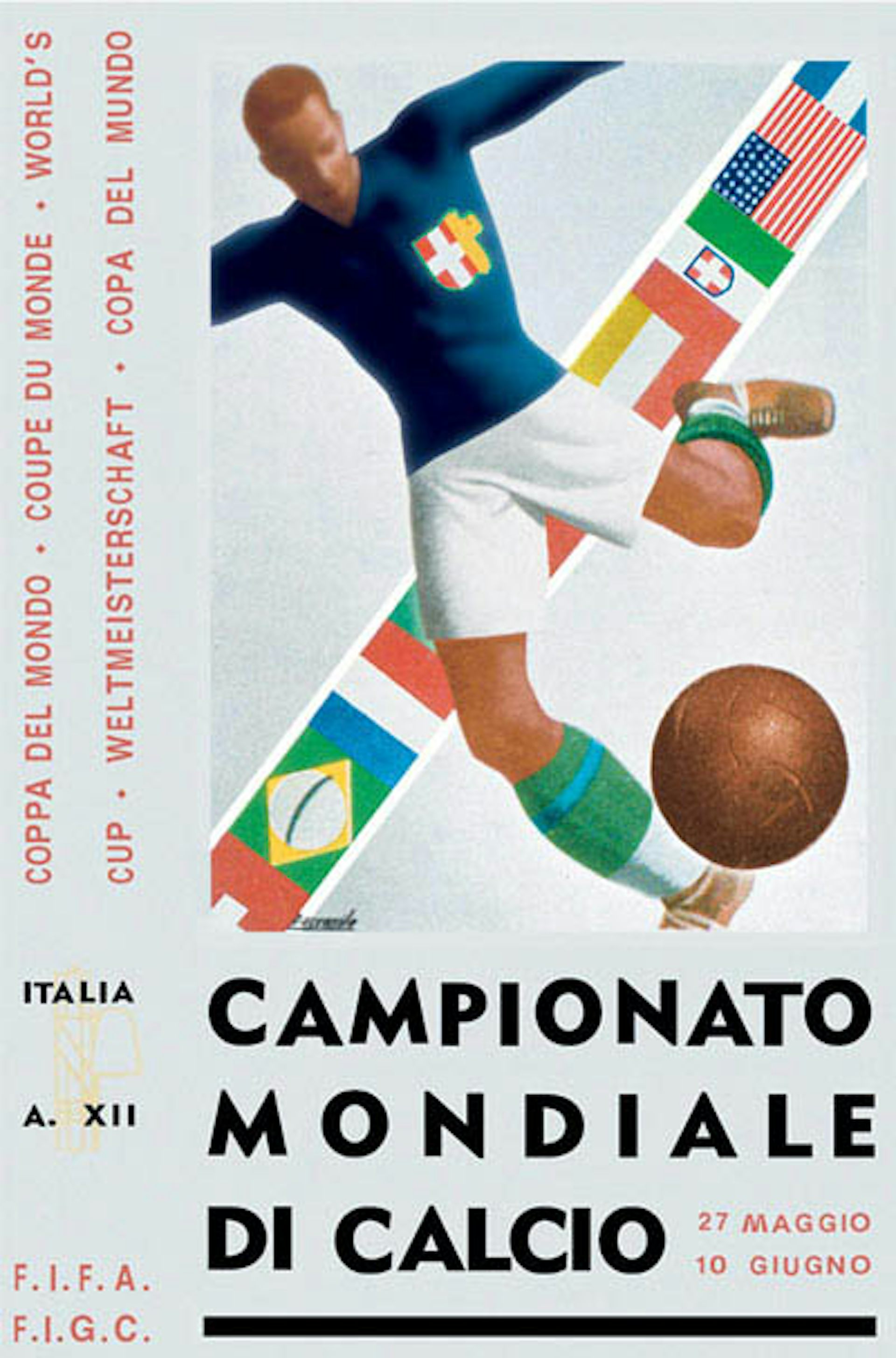A poster shows a man kicking a ball