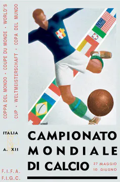 A poster shows a man kicking a ball
