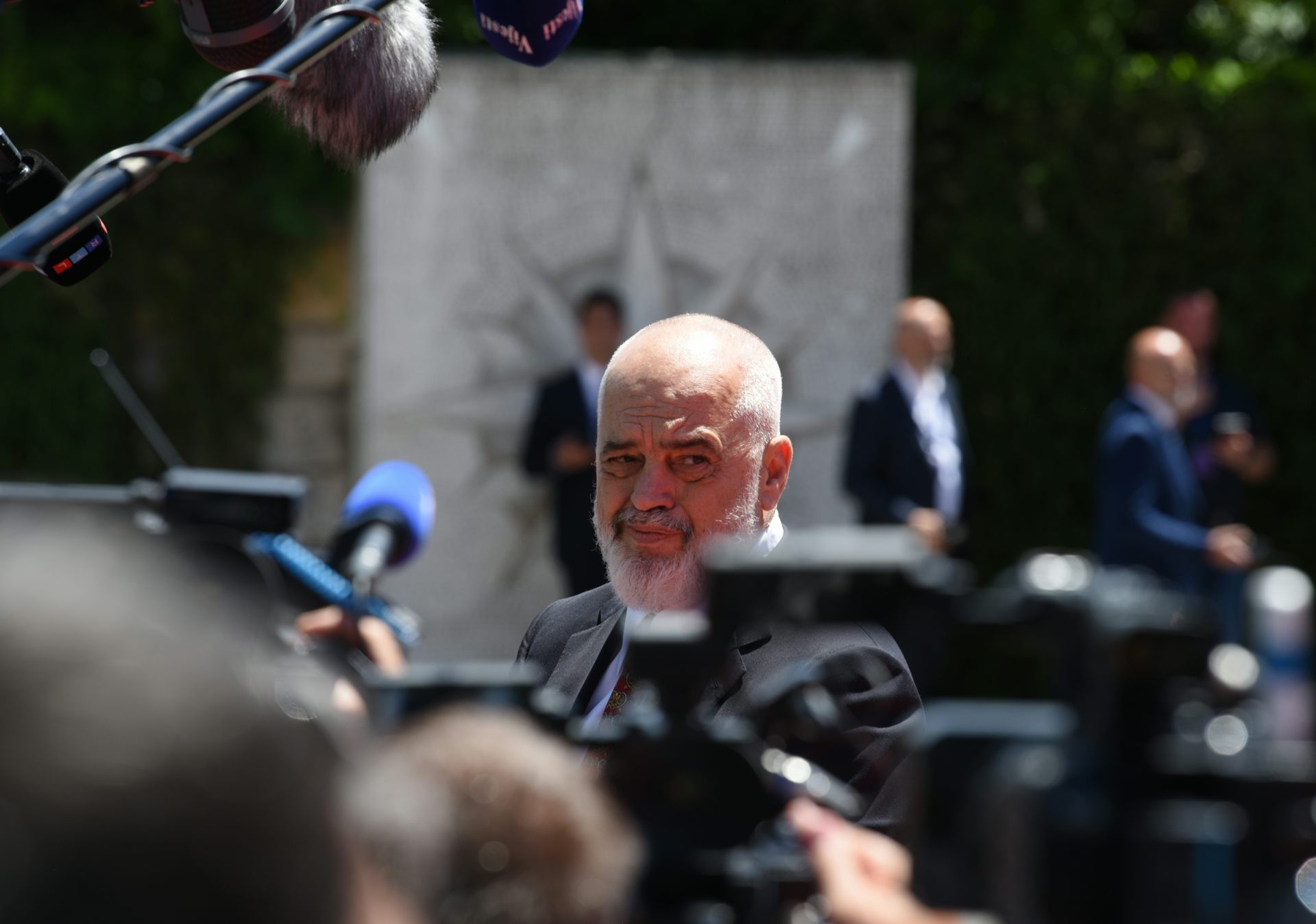 Edi Rama speaks to reporters after arriving at the EU-Western Balkans summit in Montenegro.