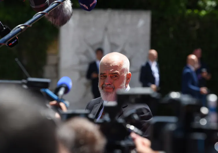 Edi Rama speaks to reporters after arriving at the EU-Western Balkans summit in Montenegro.