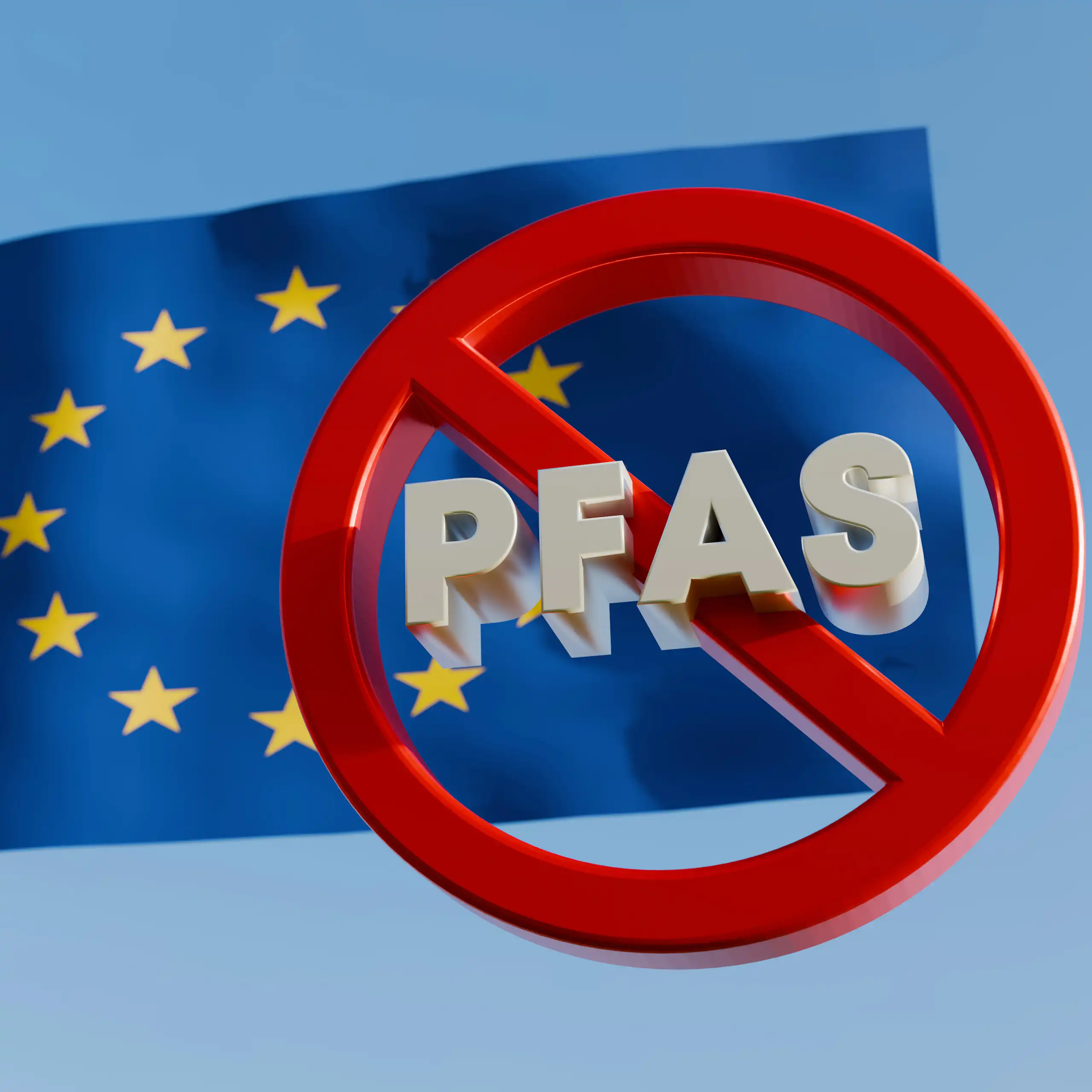 Drapeau de l'Union européenne surmonté d'un panneau d'interdiction où le terme PFAS est barré.