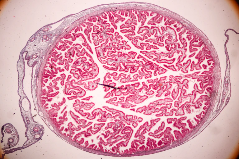 Human placenta human and umbilical cord viewed under a microscope