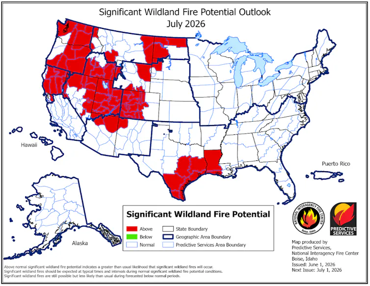 Fire risk forecast map for July 2026 shows high risk across much of the and South and East Texas.