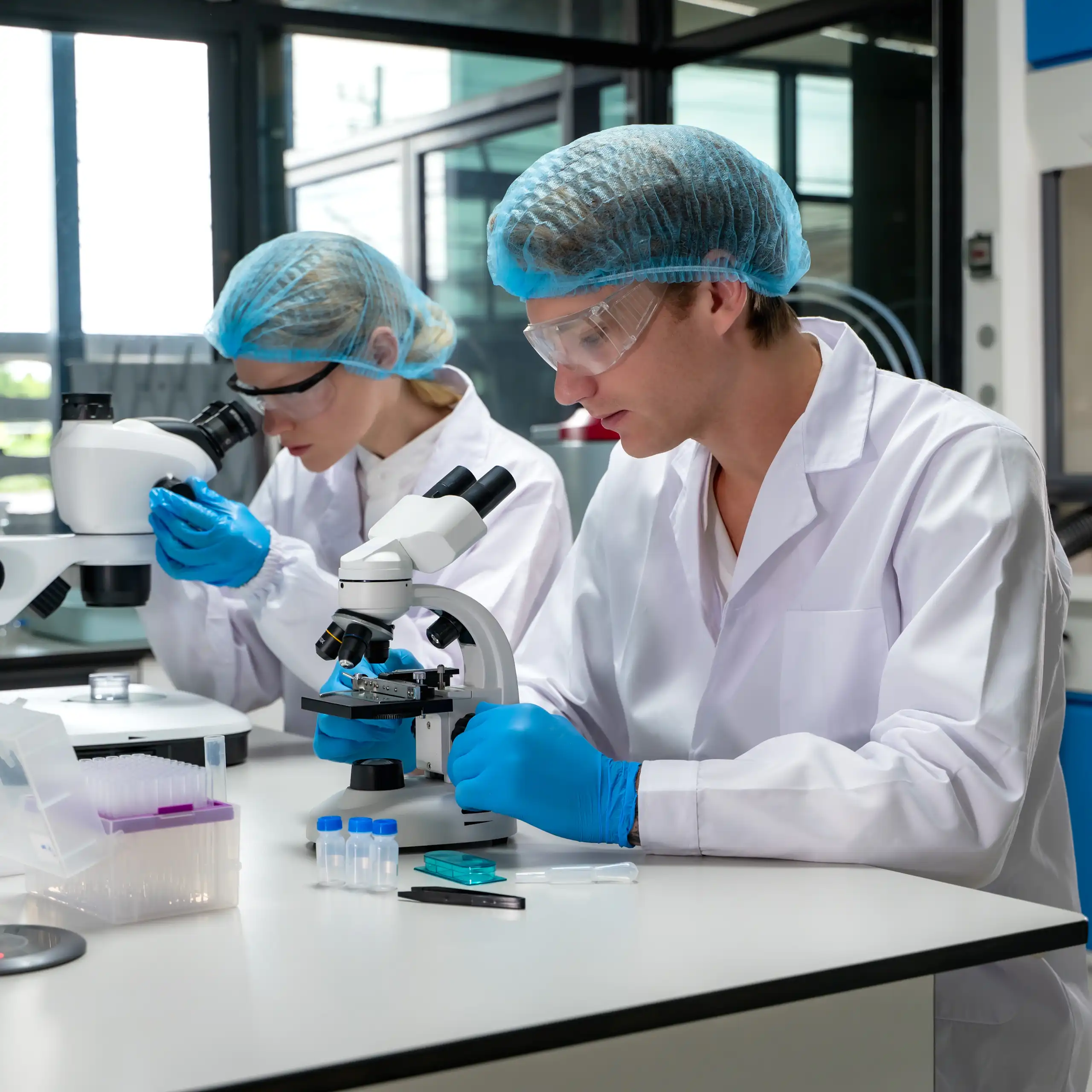 Deux chercheurs, un homme et une femme, en train de travailler dans un laboratoire de recherche.