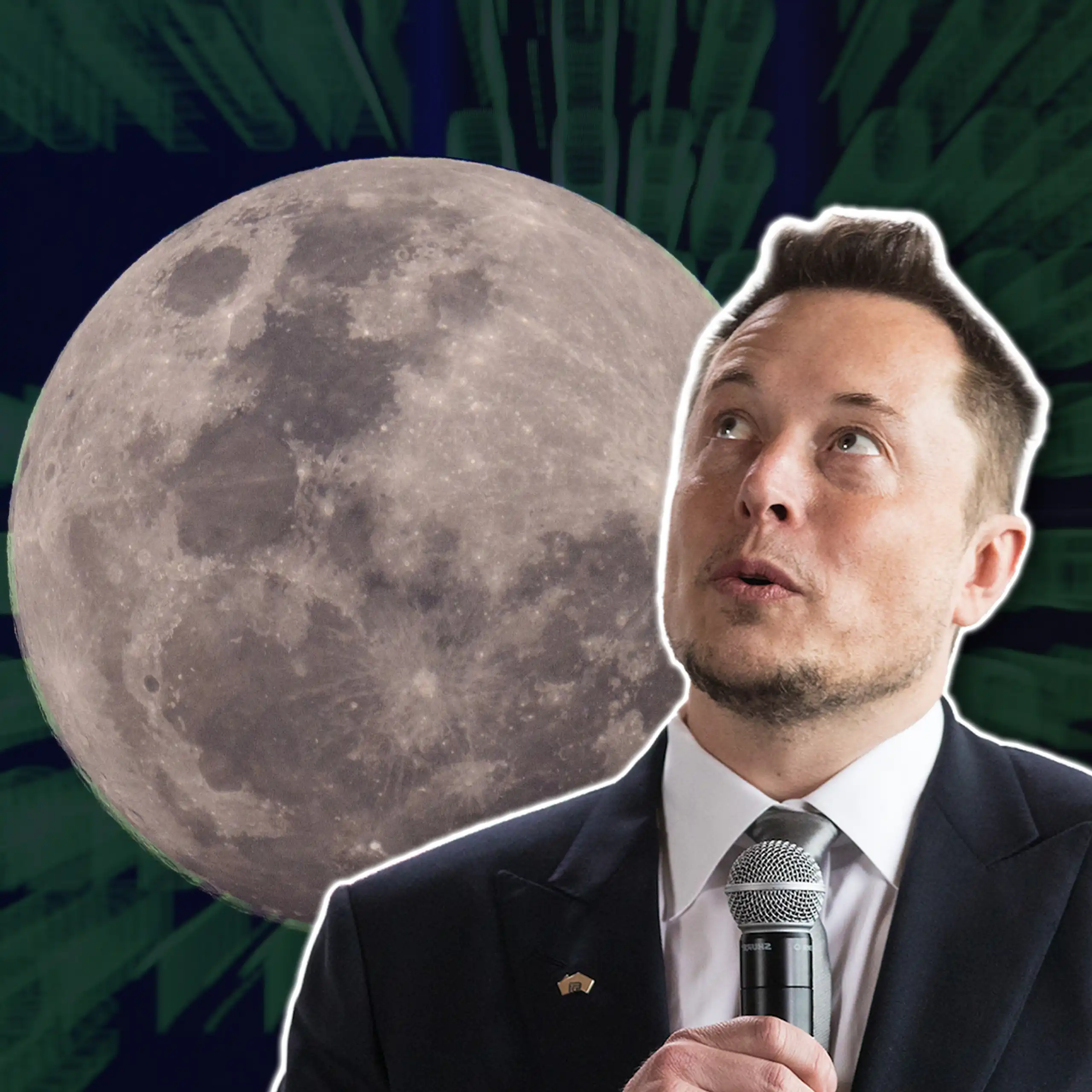 Composite image: Elon Musk and the moon behind him