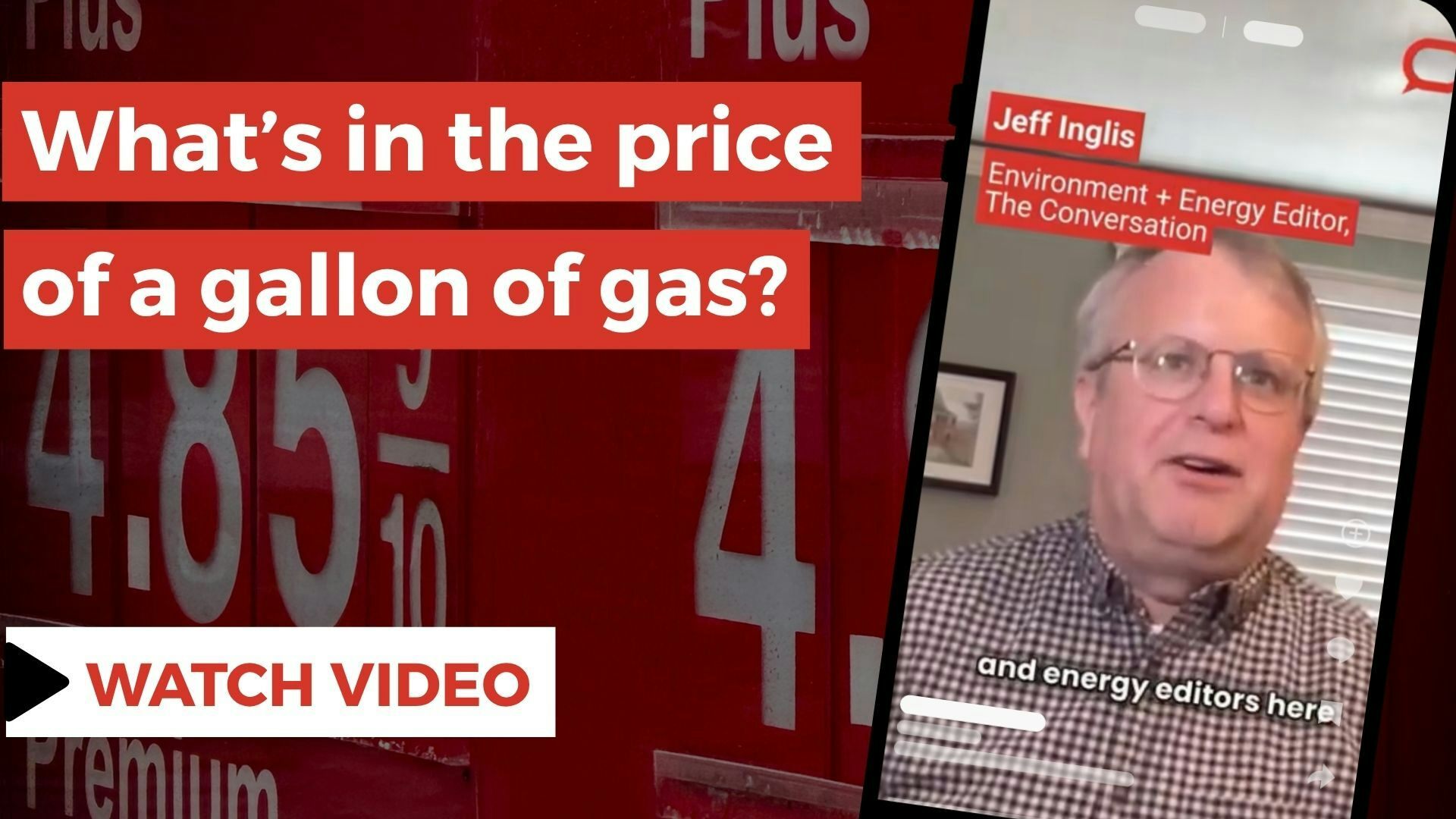 A phone showing a video thumbnail. There is text that says, "What's in the price of a gallon of gas?" In the background is a sign with gas prices on it.