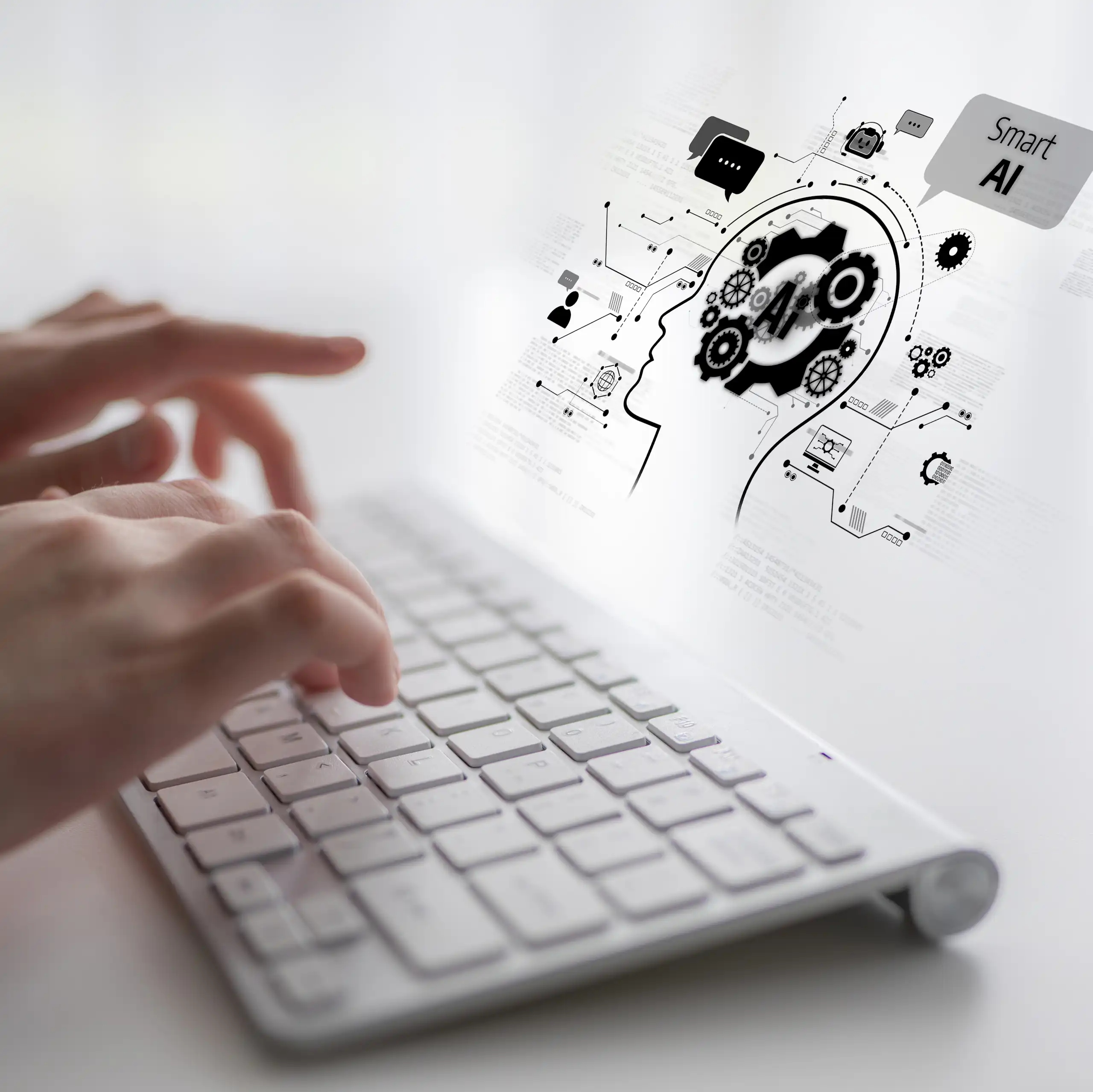 Création graphique, un indvidu tapant sur un ordinateur portable, sur l'écran l'image stylisé d'une tête humaine annotée en anglais « Smart AI ».