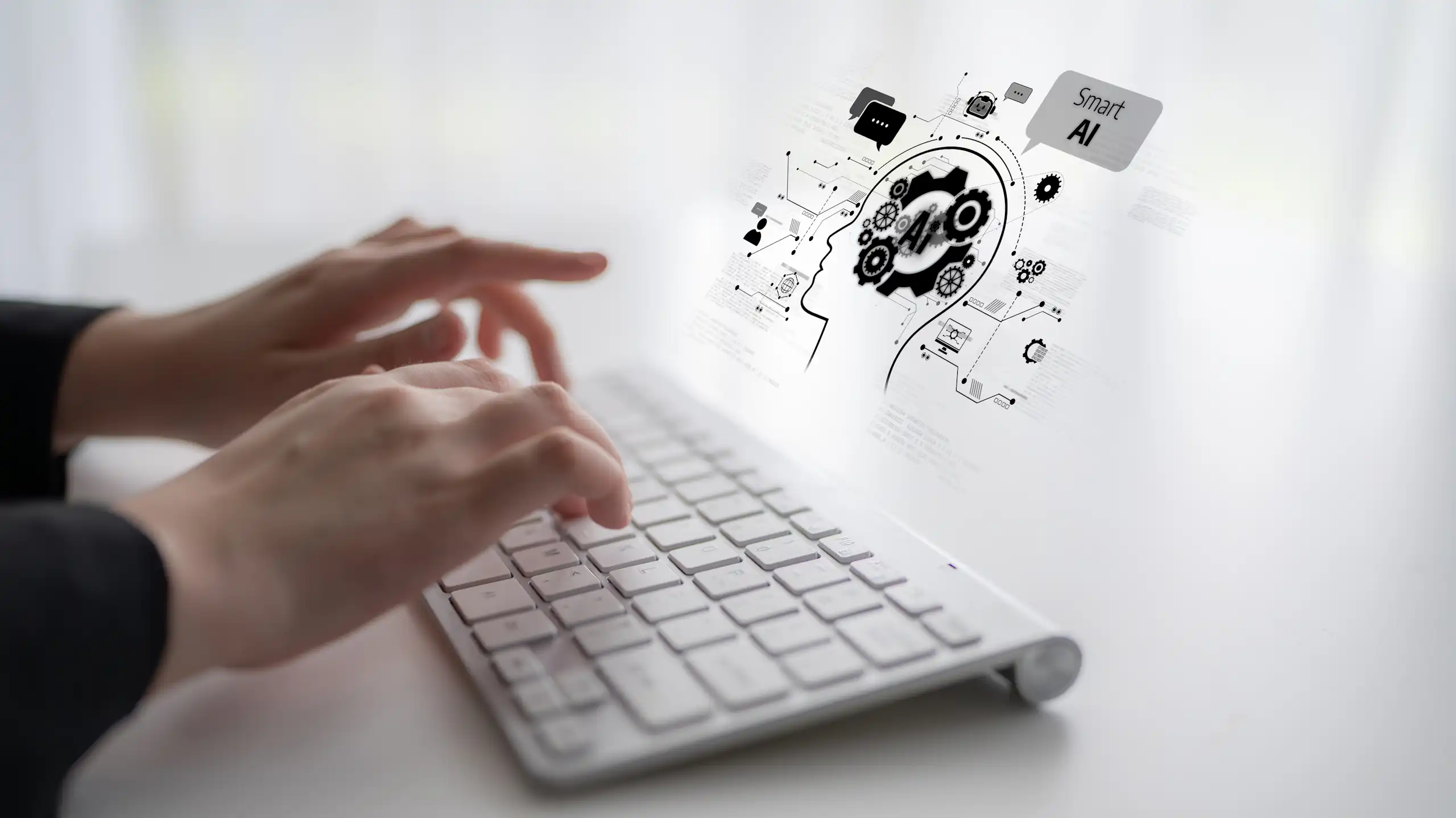 Création graphique, un indvidu tapant sur un ordinateur portable, sur l'écran l'image stylisé d'une tête humaine annotée en anglais « Smart AI ».