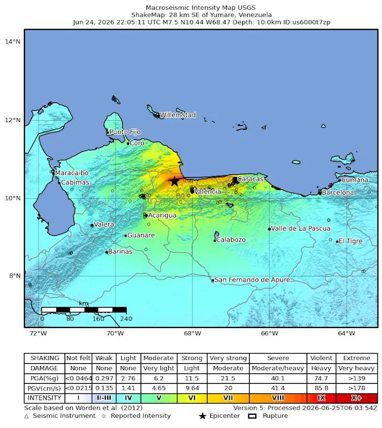 Mapa que muestra la intensidad sísmica de uno de los terremotos ocurridos en Venezuela con colores azules y naranjas