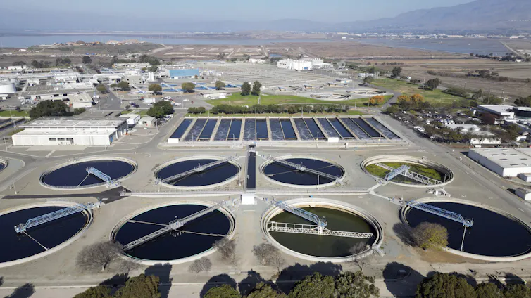 Amoníaco de las aguas residuales: cómo convertimos el contaminante en fertilizante y combustible limpio 1 Grandes piscinas circulares de agua en un edificio industrial.