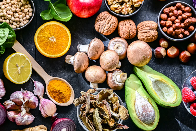 Fruit, vegetables and other healthy foods.
