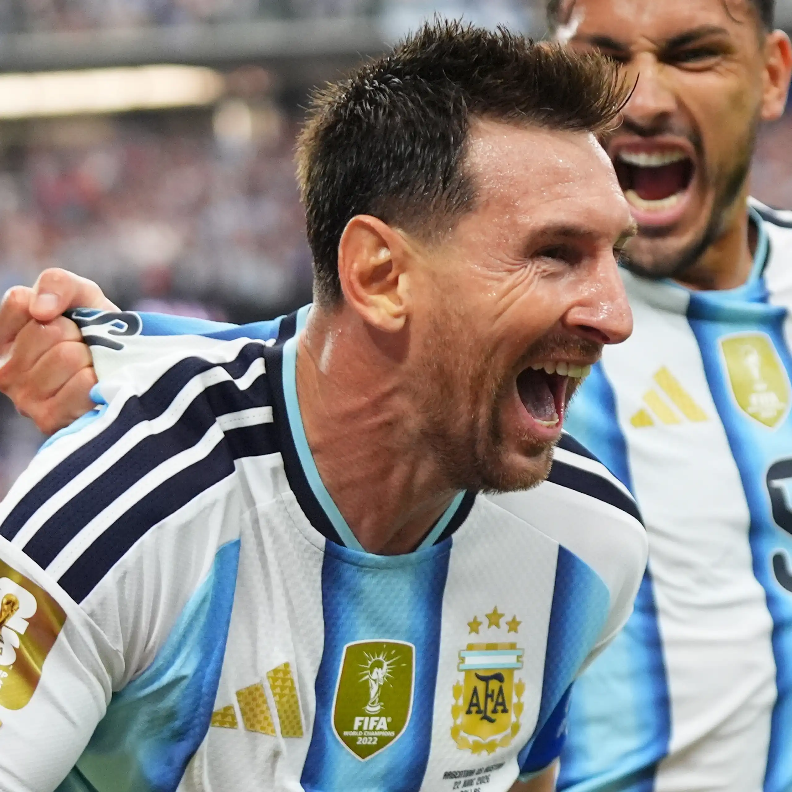Lionel Messi of Argentina celebrates after scoring against Austria.