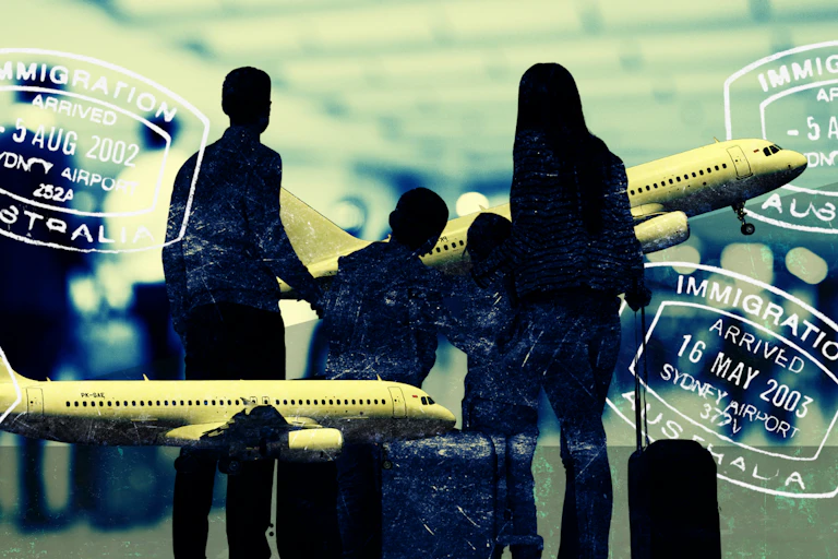A composite image of a silhouette of a family at an airport