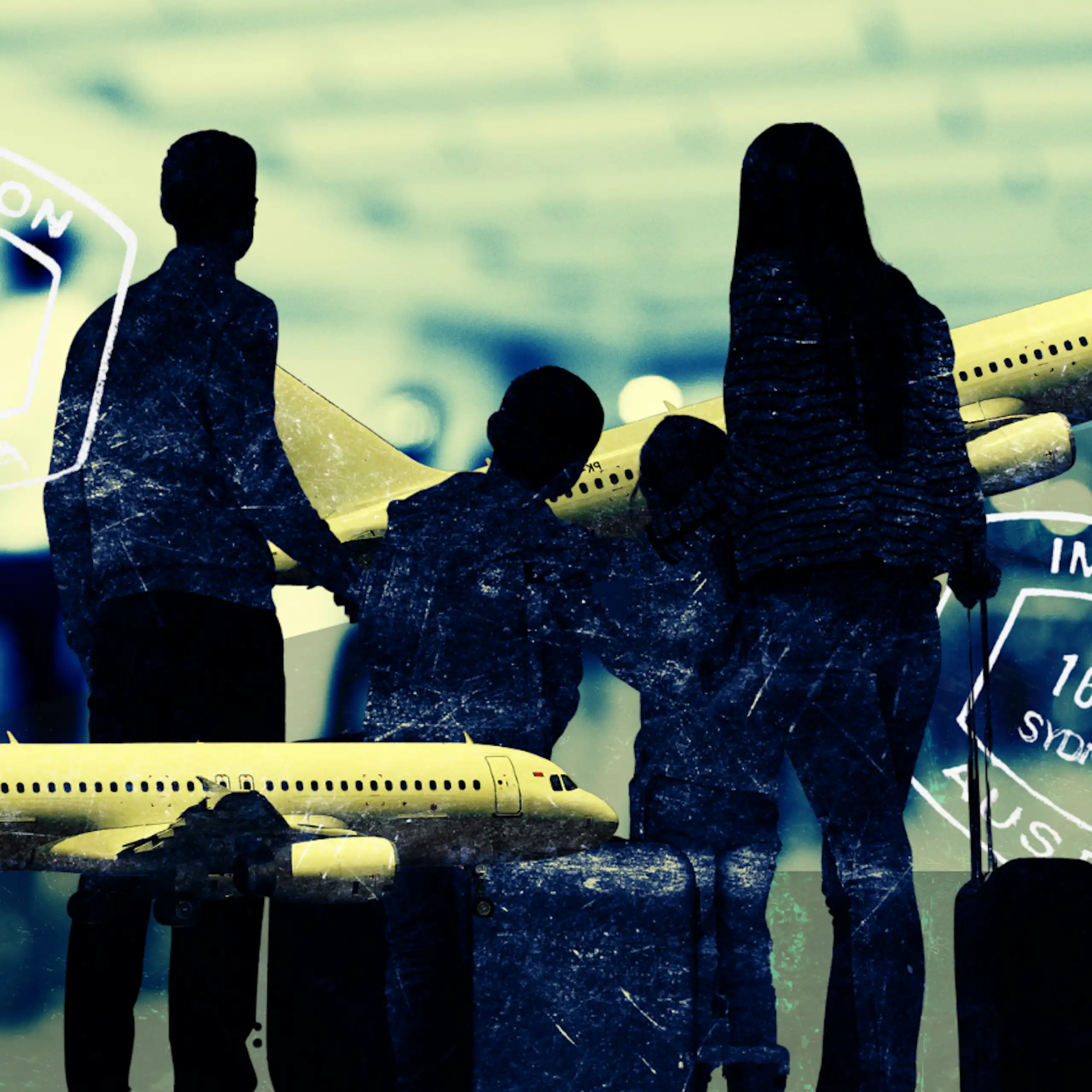 A composite image of a silhouette of a family at an airport