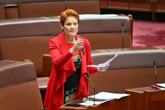 One Nation leader Pauline Hanson speaks during debate in the Senate
