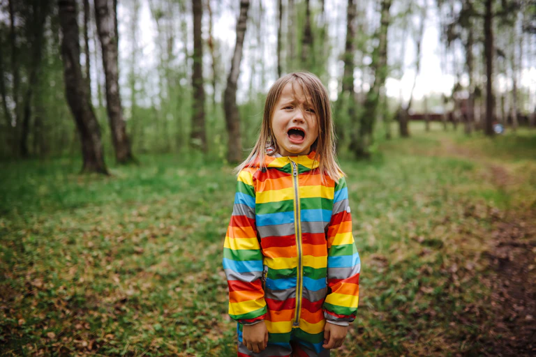 A small child in a coloured raincoat stands in a forest clearing and yells.