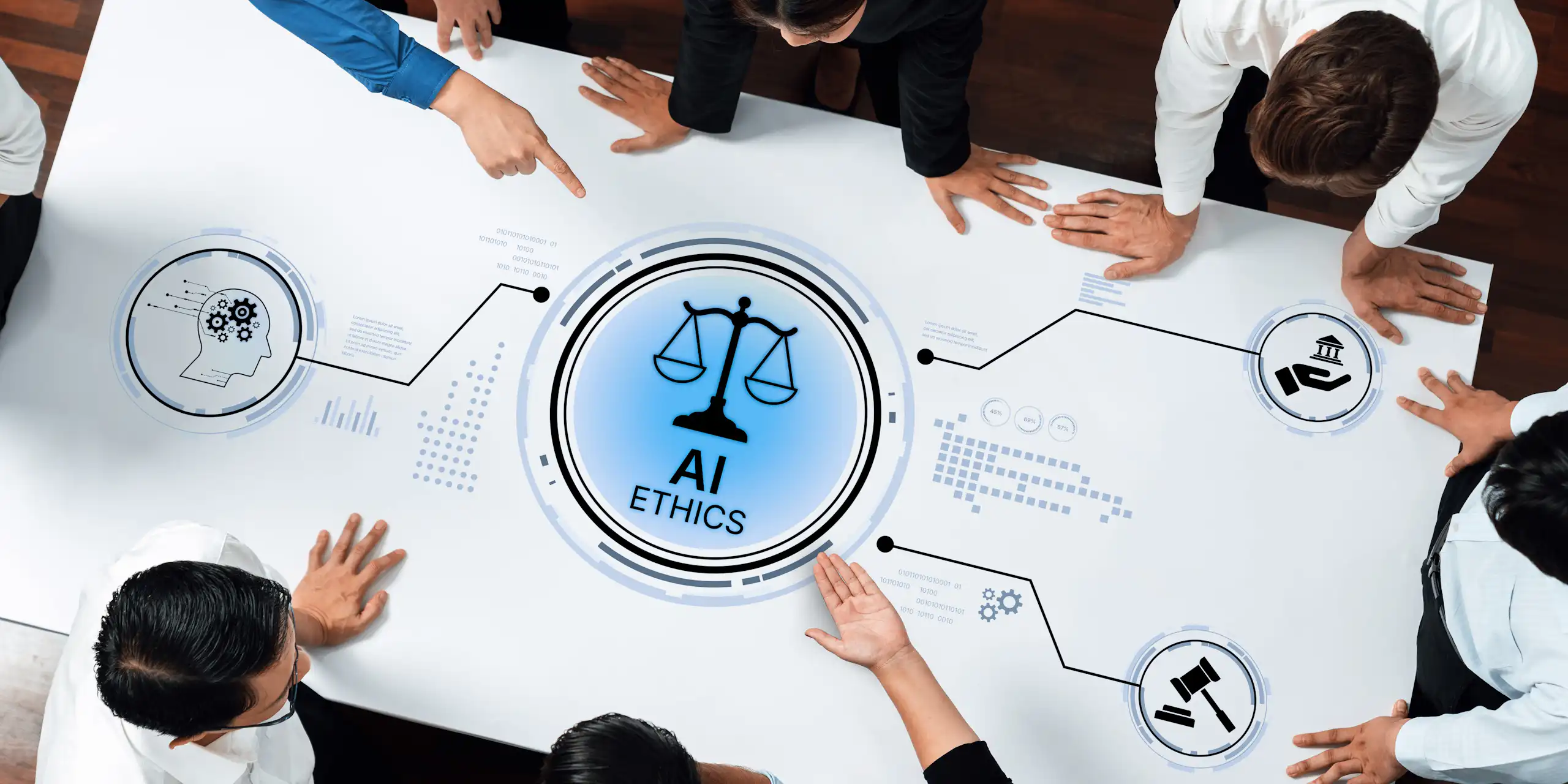 Figuration d'une discussion autour de l'éthique des intelligences artificielles.