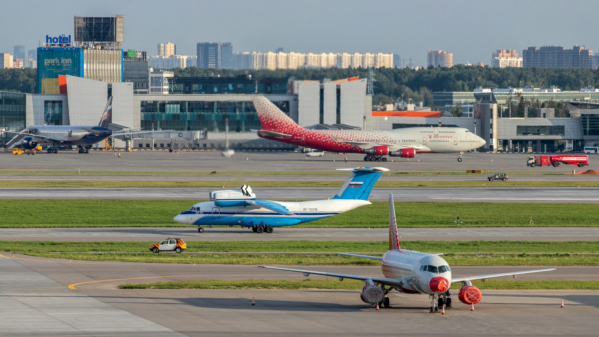 Planes taxiing at Sheremetyevo Airport in Moscow.
