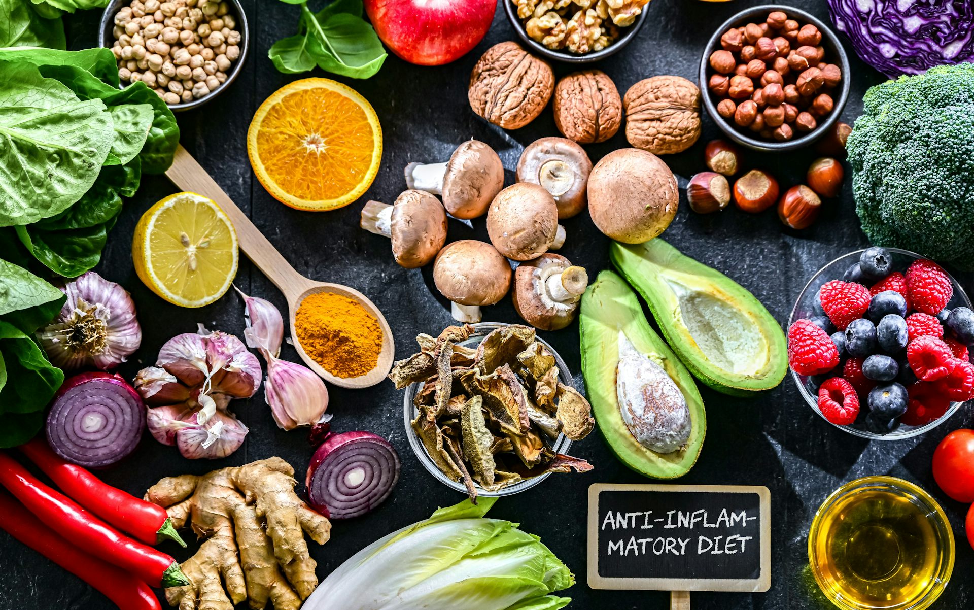 photo de fruits, légumes, et fruits à coques.