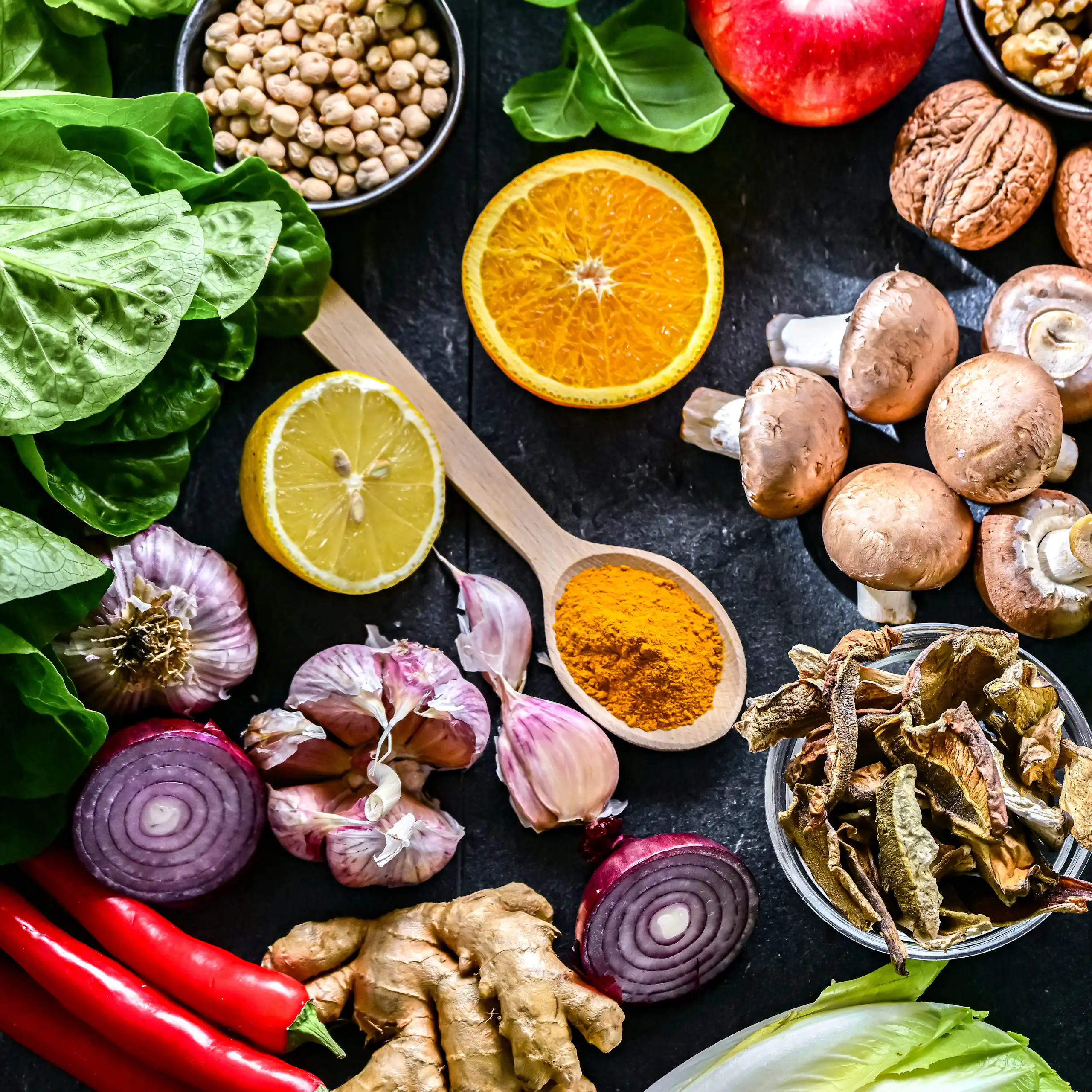 photo de fruits, légumes, et fruits à coques.