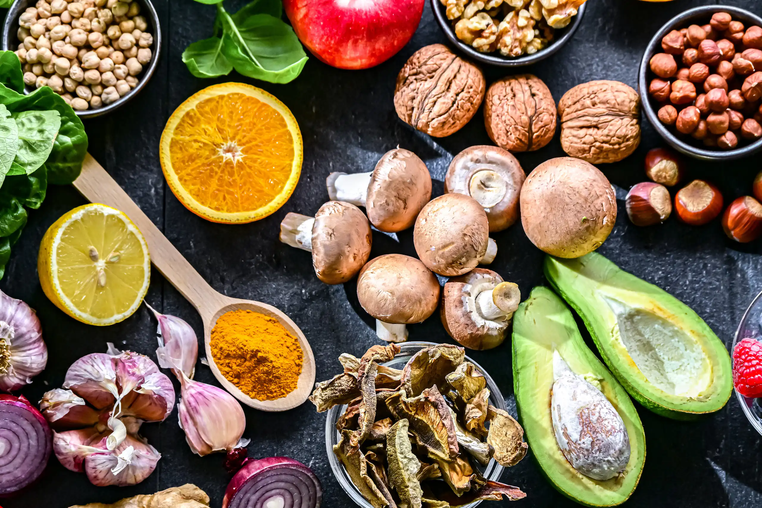 photo de fruits, légumes, et fruits à coques.