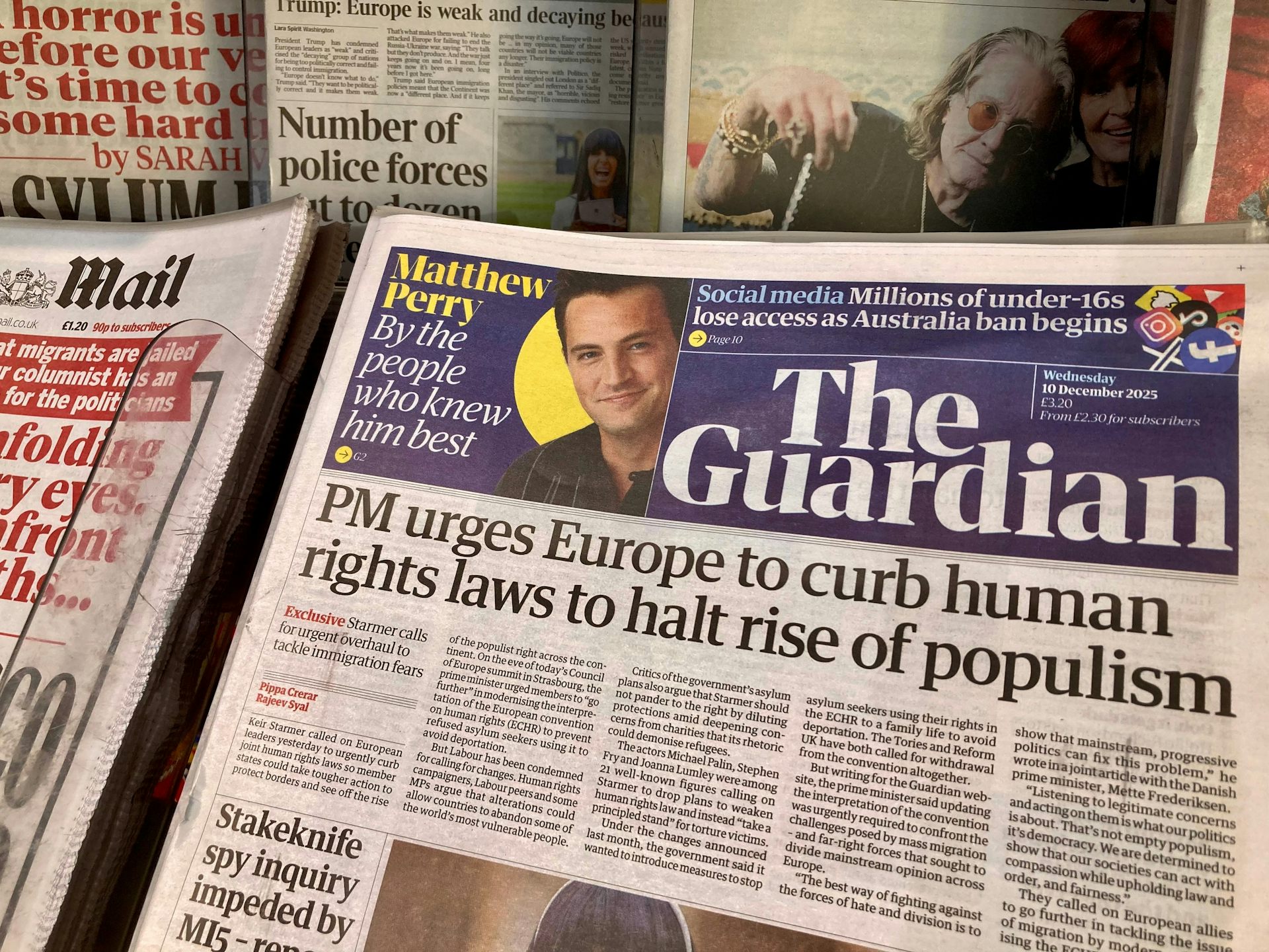 The Guardian front page reading 'PM urges Europe to curb human rights laws to halt rise of populism'