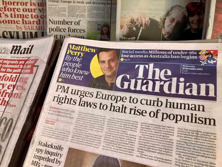 The Guardian front page reading 'PM urges Europe to curb human rights laws to halt rise of populism'