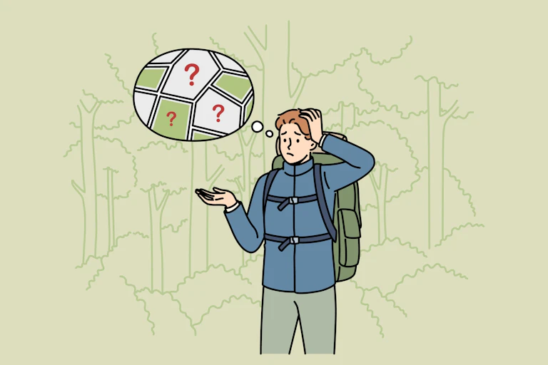 A cartoon drawing of a hiker scratching his head in confusion and trying to think of the directions he was supposed to follow.