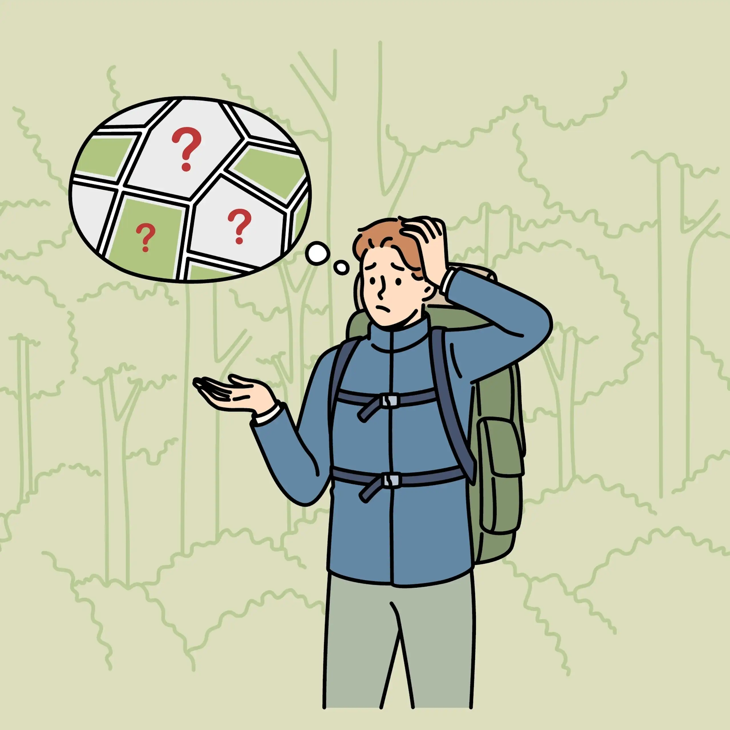 A cartoon drawing of a hiker scratching his head in confusion and trying to think of the directions he was supposed to follow.