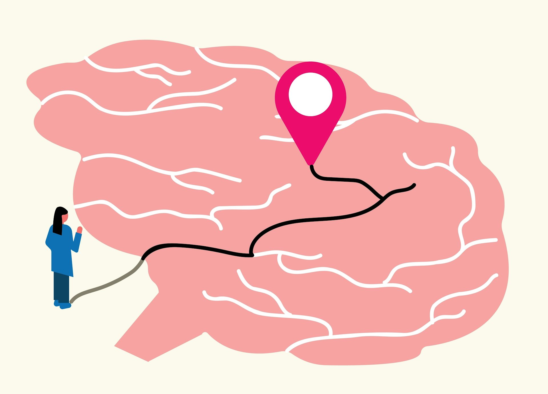 A drawing of a large brain. In the centre is a location indicator, with a road leading up to it. On the edge of the brain, a woman stands.