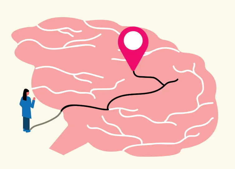A drawing of a large brain. In the centre is a location indicator, with a road leading up to it. On the edge of the brain, a woman stands.
