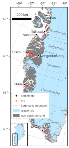 Map of Greenland with fires marked