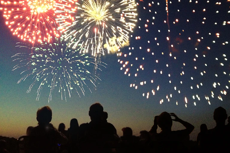 Silhouettes of people watching a fireworks show, with several bursts in the sky above