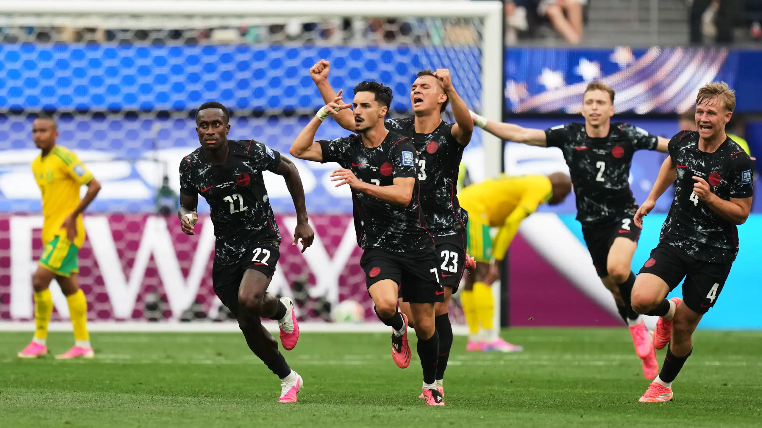 Canada's Stephen Eustaquio celebrates scoring the winning goal against South Africa.