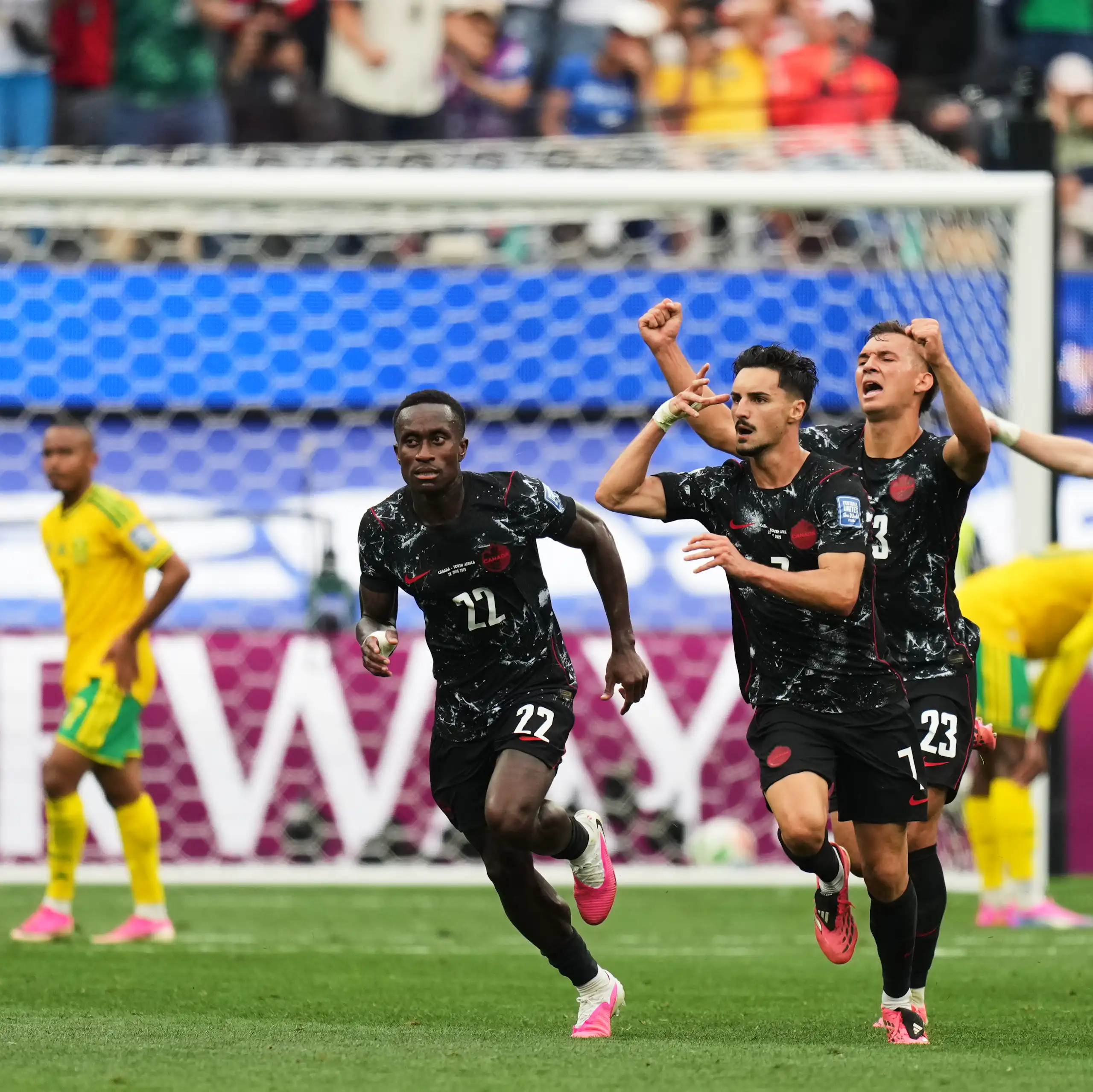 Canada's Stephen Eustaquio celebrates scoring the winning goal against South Africa.